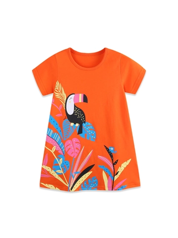 Western Style Toddler Girls Cotton Dress Orange Short Sleeve Round Neck Toucan Tropical Leaf Print Summer Daily Skirt