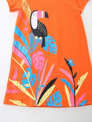 Western Style Toddler Girls Cotton Dress Orange Short Sleeve Round Neck Toucan Tropical Leaf Print Summer Daily Skirt