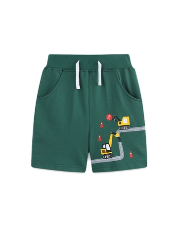 Boys Cotton Shorts Summer Casual Sports Kids Bottoms With Cartoon Excavator Construction Vehicle Print Elastic Waist Drawstring
