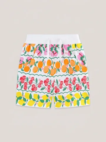 Girls Summer Cotton Shorts Fruit Print Strawberry Lemon Pattern Casual Shorts Elastic Waist Drawstring Bottoms For Kids