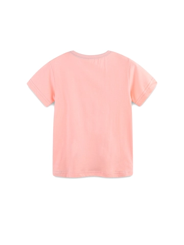 Girls Short Sleeve Cotton T-Shirt Pink Cartoon Flower Print Round Neck Summer Top For Little Kids Casual Apparel