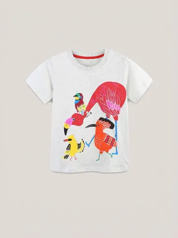 Girls Summer Cotton Short Sleeve T-Shirt Tropical Bird Flamingo Print Casual Round Neck Top For Kids 2-7 Years
