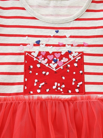 Girls Summer Striped Cotton Tulle Dress With Flutter Sleeves Heart Embroidered Patch Princess Style Party Skirt For Kids