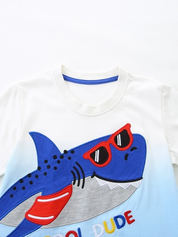 Cotton Boys Shark Applique T-Shirt And Shorts Clothing Set For Toddler Kids Summer Casual White Blue Top And Bottoms