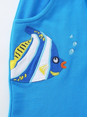 Boys Summer Casual 100% Cotton Shorts Embroidered Tropical Fish Pattern Elastic Drawstring Waist Kids Sports Bottoms Beach Vacation Clothes