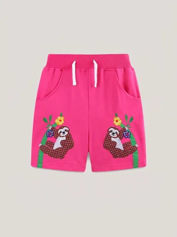 Mädchen 100% Baumwolle Shorts Sommer Casual Westlicher Stil Cartoon Faultier Stickerei Kordelzug Elastische Taille Kinderhosen