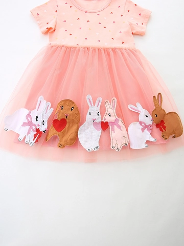 Girls Summer Princess Dress Cotton Heart Print Mesh Tutu Skirt With Cute Rabbit Embroidery Short Sleeve Kids Party Dress