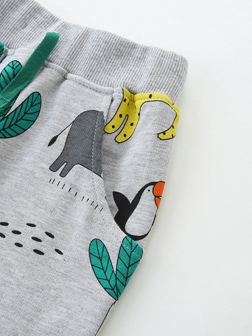 Boys 100% Cotton Casual Shorts Summer Elastic Waist With Drawstring Cartoon Animal Print Kids Grey Breathable Shorts