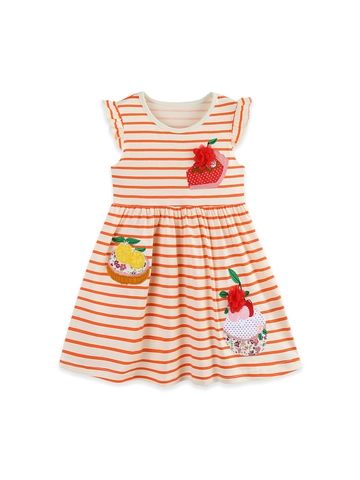 Girls Orange White Striped Sleeveless Princess Dress Cotton Cupcake Embroidery Mesh Flower Ruffle Summer Tank Dress