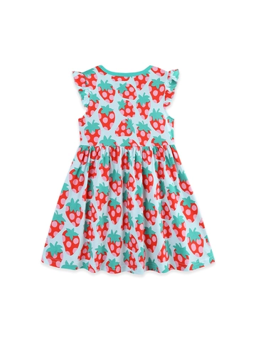 Girls 100% Cotton Strawberry Print Sleeveless Dress Ruffle Shoulder A-Line Princess Party Dress Summer Kids Clothing