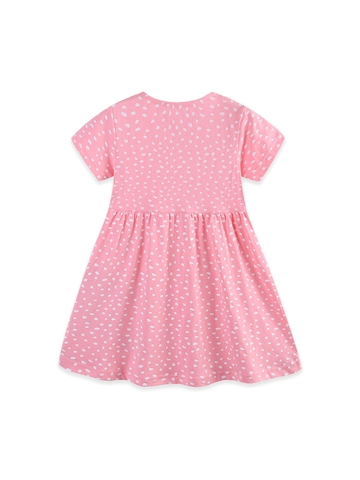 Girls Cotton Short Sleeve Dress Pink Polka Dot Cartoon Dinosaur Applique Princess Dress Summer Casual Round Neck Kids Top