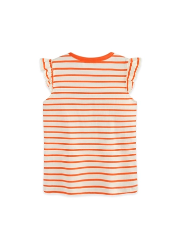 Camiseta sin Mangas a Rayas para Niñas de Puro Algodón con Estampado de Frutas y Mangas con Volantes Cuello Redondo Informal