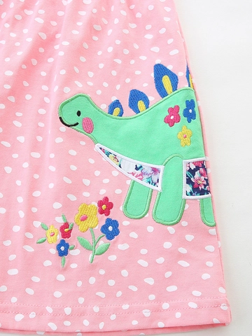 Girls Cotton Short Sleeve Dress Pink Polka Dot Cartoon Dinosaur Applique Princess Dress Summer Casual Round Neck Kids Top