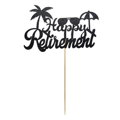 Decoración Creativa para Tartas Happy Retirement de Papel con Purpurina Negra Palmera Gafas de Sol Sombrilla para Fiesta