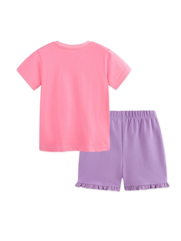 Girls Summer Cotton Top And Shorts Set Rainbow Print Short Sleeve Pink Tee Purple Ruffle Shorts Casual Clothes For Toddlers