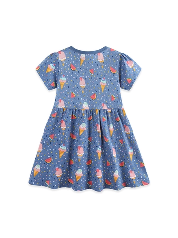 Girls Summer Short Sleeve Dress Pure Cotton Breathable Sweet Ice Cream Watermelon Print Princess Dress For Kids Daily Wear