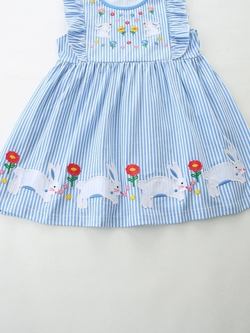 Girls Sleeveless Cotton Princess Dress Blue White Striped Rabbit Flower Embroidery Ruffle Shoulder Summer Casual Party Dress