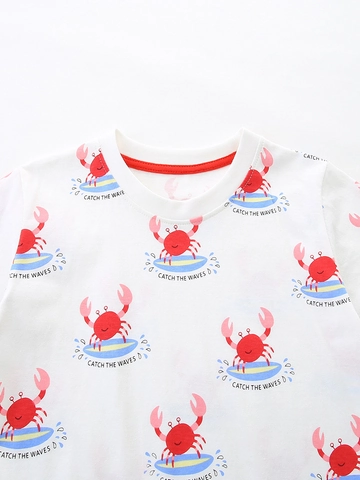 Boys Summer Cotton T-Shirt And Shorts Set Cartoon Crab Surfing Printed Casual Short Sleeve Outfit For Kids Children