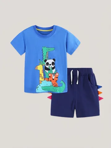 Boys Summer Cotton Clothing Outfit Cartoon Animal Print Short Sleeve T-Shirt And Elastic Waist Shorts With 3D Spikes Casual Kids Wear