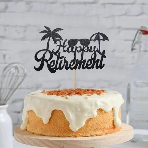 Decoración Creativa para Tartas Happy Retirement de Papel con Purpurina Negra Palmera Gafas de Sol Sombrilla para Fiesta