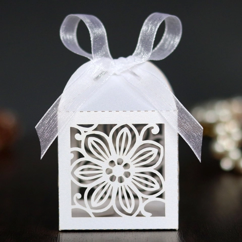 Laser Cut Hollow Hibiscus Flower Wedding Candy Box Pearlescent Paper Satin Ribbon Bow Gift Box Party Favor For Banquet