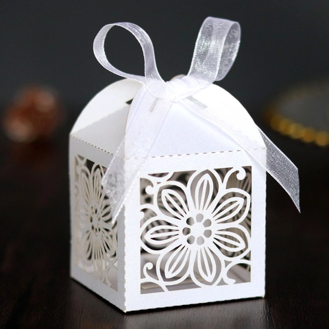 Laser Cut Hollow Hibiscus Flower Wedding Candy Box Pearlescent Paper Satin Ribbon Bow Gift Box Party Favor For Banquet