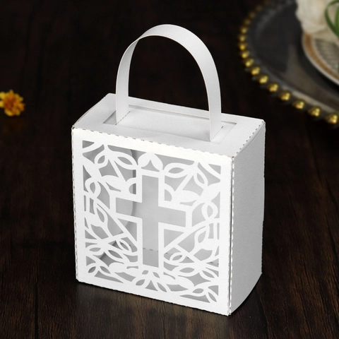 Laser Gesneden Kruis Hol Trouwbedankjes Doosje Feest Cadeauverpakking Doop Geschenkzakje Parelmoer Papier Met Handvat