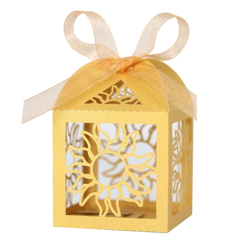 Scatola di Caramelle Traforata Taglio Laser Con Fiocco Girasole Scatola Regalo in Carta per Matrimonio Festa Cerimonia Bomboniere Decorazione