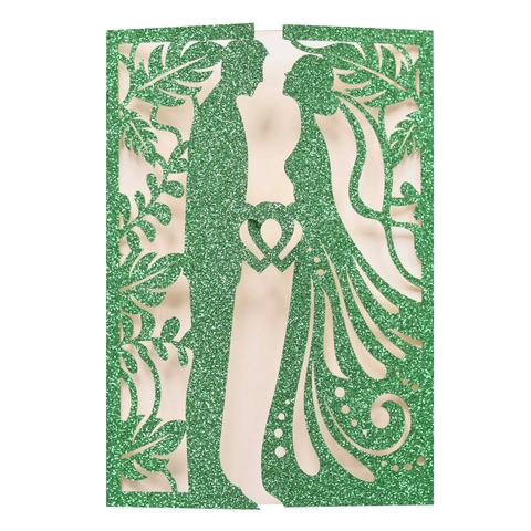 Glitter Pearl Paper Laser Cut Wedding Invitations Cards With Bride And Groom Silhouette Heart Engagement Invitation Card Envelope Ribbon