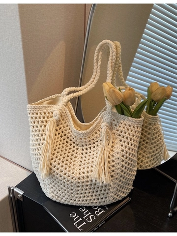 Damen Große Kapazität Hohl Gewebt Tote Bag Handgefertigt Stroh Schultertasche Mit Quasten Sommer Strand Urlaub Handtasche