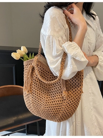 Damen Große Kapazität Hohl Gewebt Tote Bag Handgefertigt Stroh Schultertasche Mit Quasten Sommer Strand Urlaub Handtasche