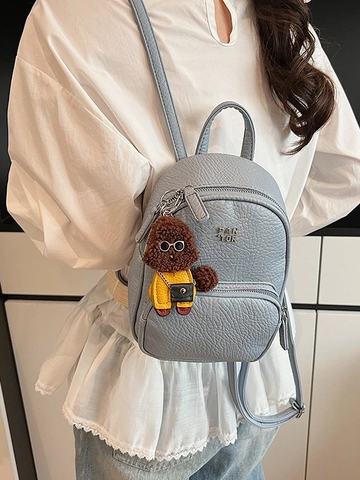 Mini Sac à Dos pour Femmes en Cuir PU Texture Grainée Petit Sac de Voyage et d'École à la Mode pour Filles Avec Pendentif Chien