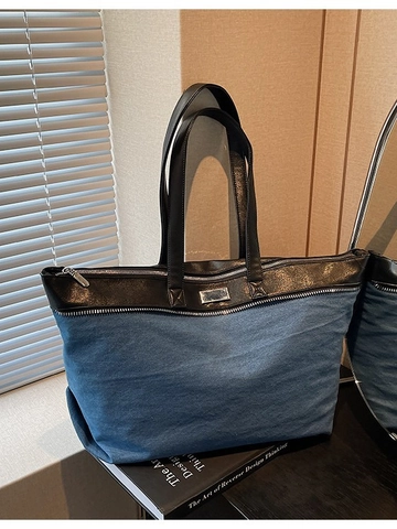 Women Large Capacity Denim Patchwork Tote Bag Casual Shoulder Handbag With Synthetic Leather Straps Zip Closure