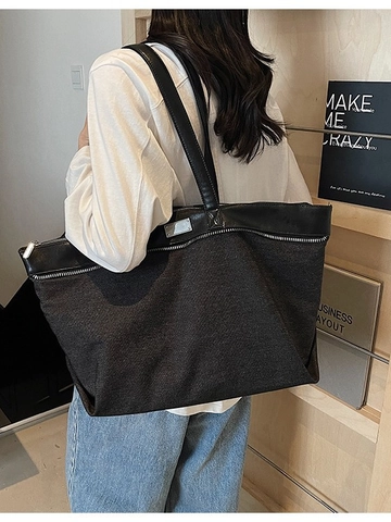 Women Large Capacity Denim Patchwork Tote Bag Casual Shoulder Handbag With Synthetic Leather Straps Zip Closure