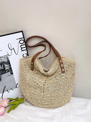 Γυναικεία Retro Ψάθινη Τσάντα Tote Καλοκαίρι Παραλία Διακοπές Μεγάλη Χωρητικότητα Τσάντα Ώμου Με Καφέ Λουράκια από Δέρμα PU