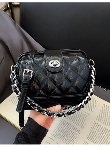 Damen Vintage Gesteppt Rauten Umhängetasche Kleine Quadratische PU Leder Handtasche Mit Silberkette Schloss Mode Tägliche Schultertasche