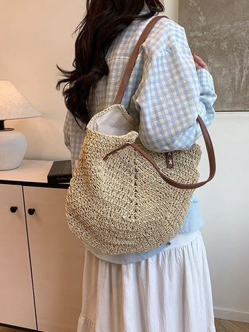 Γυναικεία Retro Ψάθινη Τσάντα Tote Καλοκαίρι Παραλία Διακοπές Μεγάλη Χωρητικότητα Τσάντα Ώμου Με Καφέ Λουράκια από Δέρμα PU