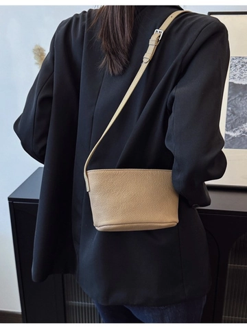 Minimalistische Damen Umhängetasche Aus Echtem Leder Litschi Textur Eimer Tasche Verstellbarer Riemen Reißverschluss Alltag