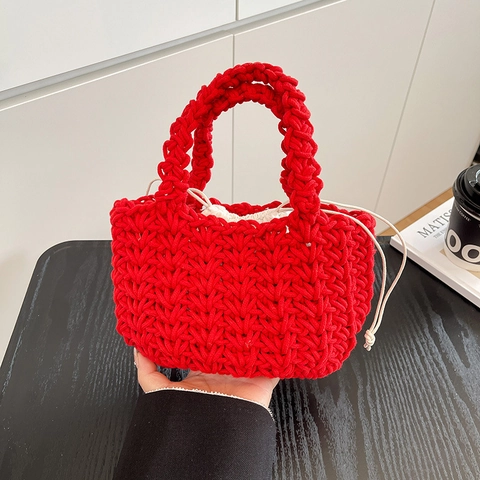 Borsa a Mano da Donna Intrecciata in Maglia Fatta a Mano Tasca Interna con Coulisse alla Moda Mini Borsa Tote Casual per Vacanze
