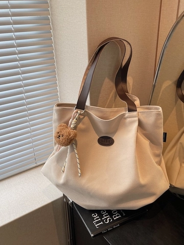 Borsa Tote in Tela Casual da Donna Con Ciondolo a Orso Grande Capacità Borsa a Tracolla a Tinta Unita Versatile