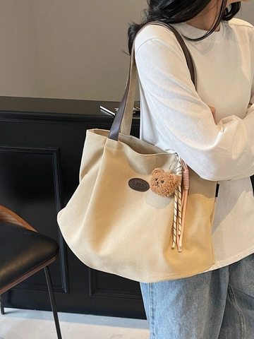 Borsa Tote in Tela Casual da Donna Con Ciondolo a Orso Grande Capacità Borsa a Tracolla a Tinta Unita Versatile
