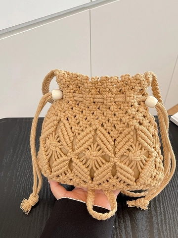Handmade Woven Macrame Bucket Bag Bohemian Summer Beach Crossbody Bag With Drawstring And Beads For Women Vacation Style