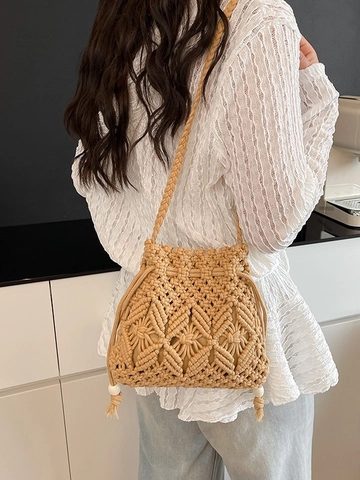 Handmade Woven Macrame Bucket Bag Bohemian Summer Beach Crossbody Bag With Drawstring And Beads For Women Vacation Style