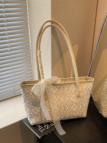 Borsa Tote Vintage in Jacquard Con Fiocco in Pizzo Motivo Geometrico Retrò Borsa a Spalla Elegante Borsa a Secchiello Donna