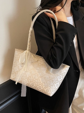 Borsa Tote Vintage in Jacquard Con Fiocco in Pizzo Motivo Geometrico Retrò Borsa a Spalla Elegante Borsa a Secchiello Donna