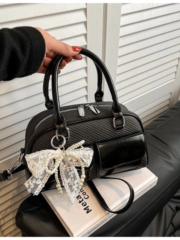 Women Elegant PU Leather Boston Bag Spliced Woven Texture Handbag With Lace Bow Artificial Pearl Charm Versatile Crossbody Bag