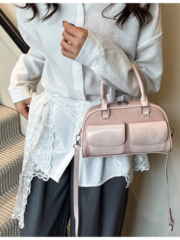 Women Elegant PU Leather Boston Bag Spliced Woven Texture Handbag With Lace Bow Artificial Pearl Charm Versatile Crossbody Bag