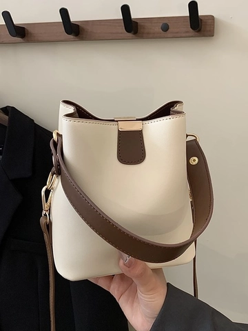 Borsa a Secchiello in Pelle PU Retrò da Donna Borsa a Tracolla Minimalista a Contrasto Piccola Borsa a Mano da Pendolare Con Tracolla Regolabile