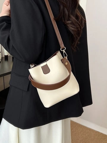 Borsa a Secchiello in Pelle PU Retrò da Donna Borsa a Tracolla Minimalista a Contrasto Piccola Borsa a Mano da Pendolare Con Tracolla Regolabile