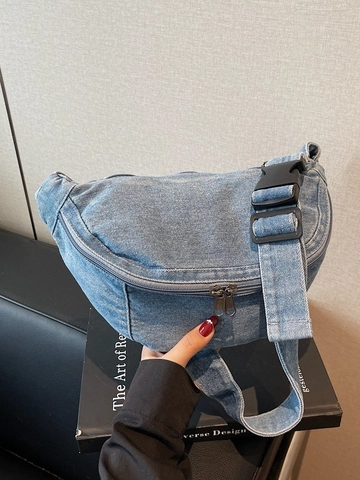 Washed Denim Halve Maan Borsttas voor Dames Casual Lichtgewicht Heuptas met Verstelbare Riem en Ritssluiting Schoudertas